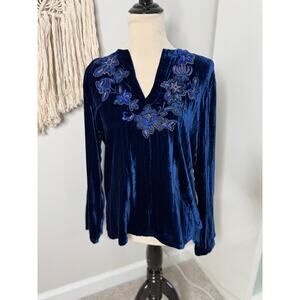 Chico's Blue Silk Velvet Beaded Embroidered Boho Holiday Long-sleeved Top M NWT